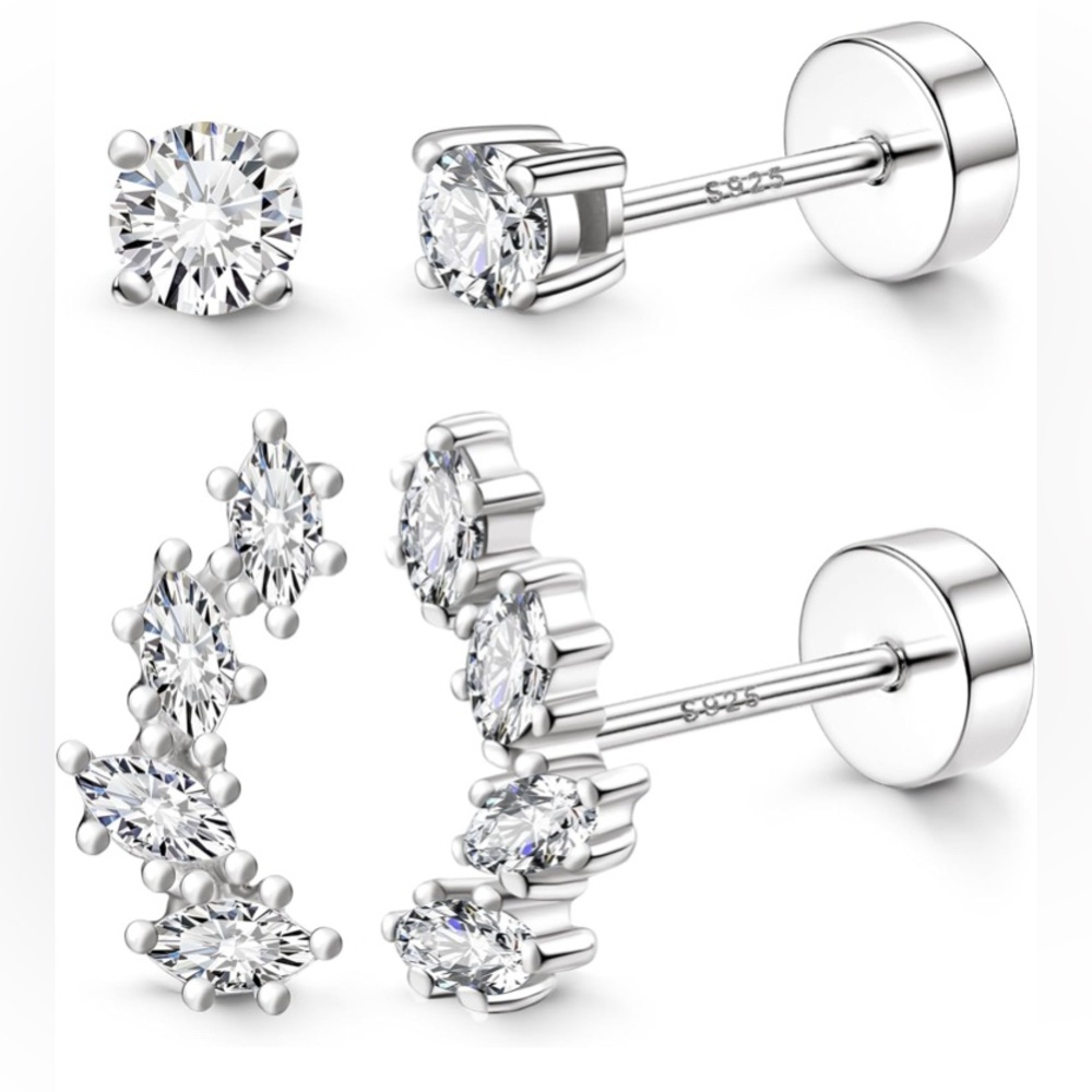 925 Sterling Silver CZ Stud Earrings Set